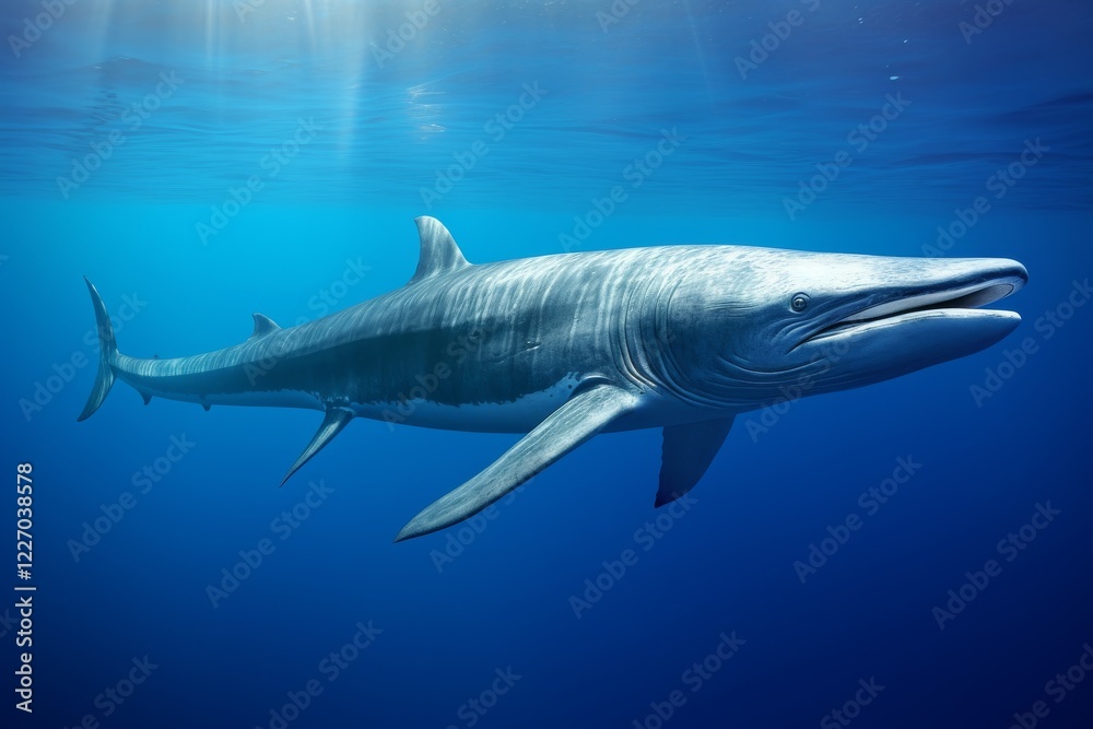 Naklejka premium Majestic ancient shark gliding through serene blue ocean depths. Generative AI