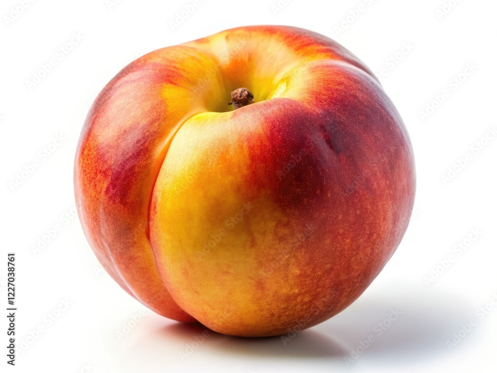 A single, fuzzy peach, ripe and juicy, pops against a stark white background. Perfect product shot. A single, fuzzy peach, ripe and juicy, pops against a stark white background. Perfect product shot.
