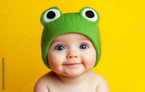 Baby wearing a green frog hat is smiling. The hat is green and has a frog design on it photo