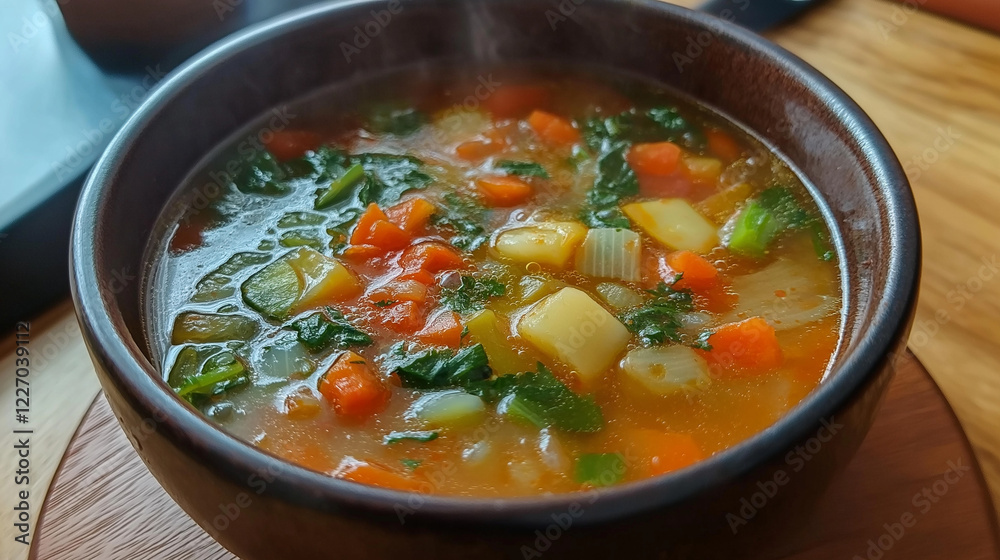 A bowl of vegetable soup , on the table at restaurant A bowl of vegetable soup , on the table at restaurant