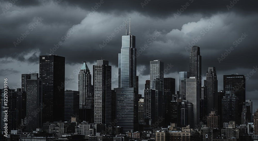 Obraz premium Dramatic City Skyline Under Dark Storm Clouds