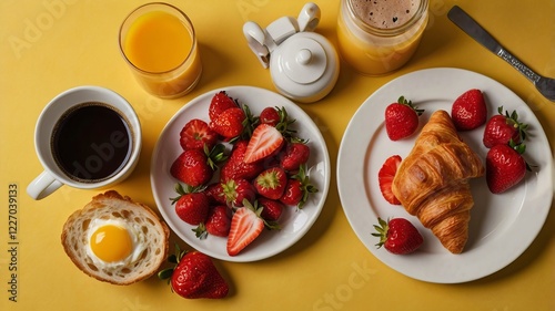 Wallpaper Mural Flat Lay Breakfast with Strawberries, Croissants, Juice, and Coffee on Yellow Background #6 Torontodigital.ca