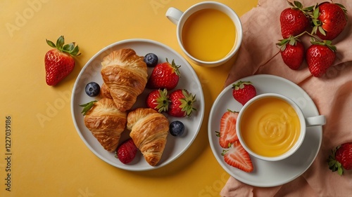 Wallpaper Mural Flat Lay Breakfast with Strawberries, Croissants, Juice, and Coffee on Yellow Background #31 Torontodigital.ca