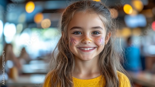 Young girl with long hair and a yellow shirt is smiling and has face paint on. She is in a restaurant with other people