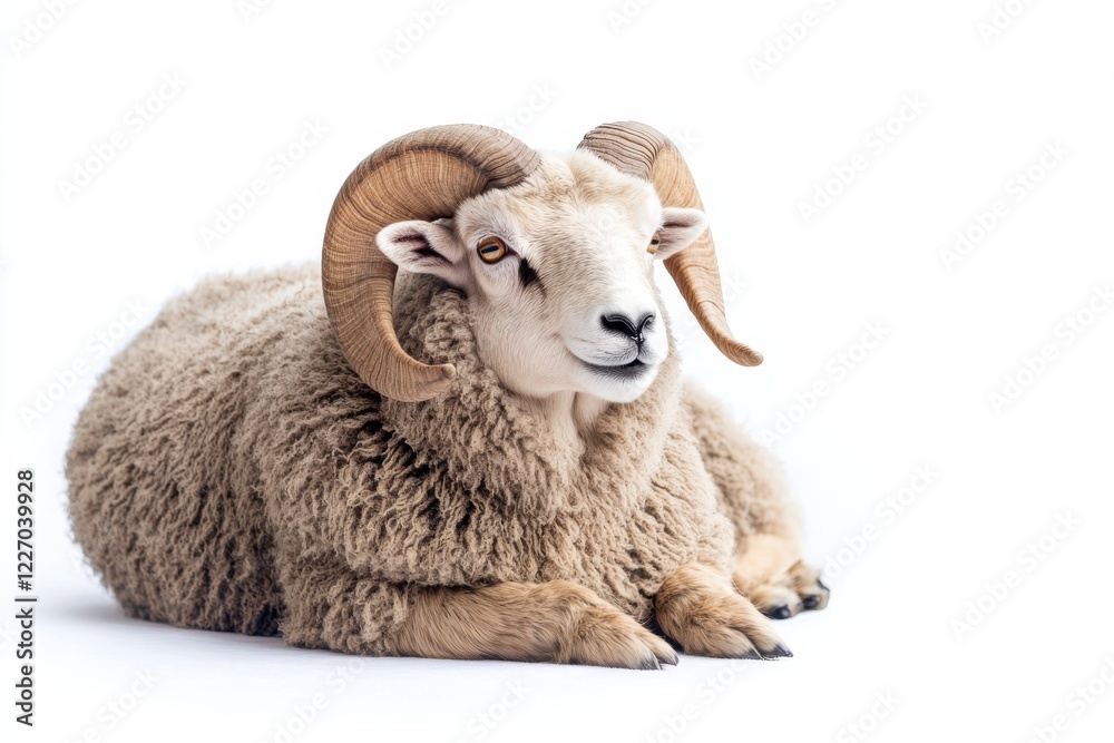Obraz premium Majestic ram with large horns, resting.