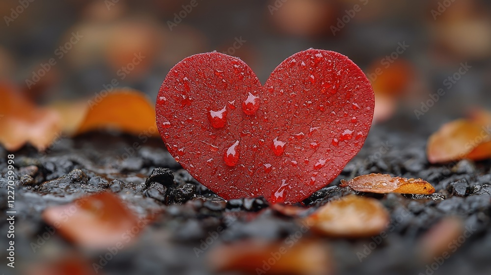 Obraz premium Red Leaf Shaped Like A Heart Among Autumn Leaves