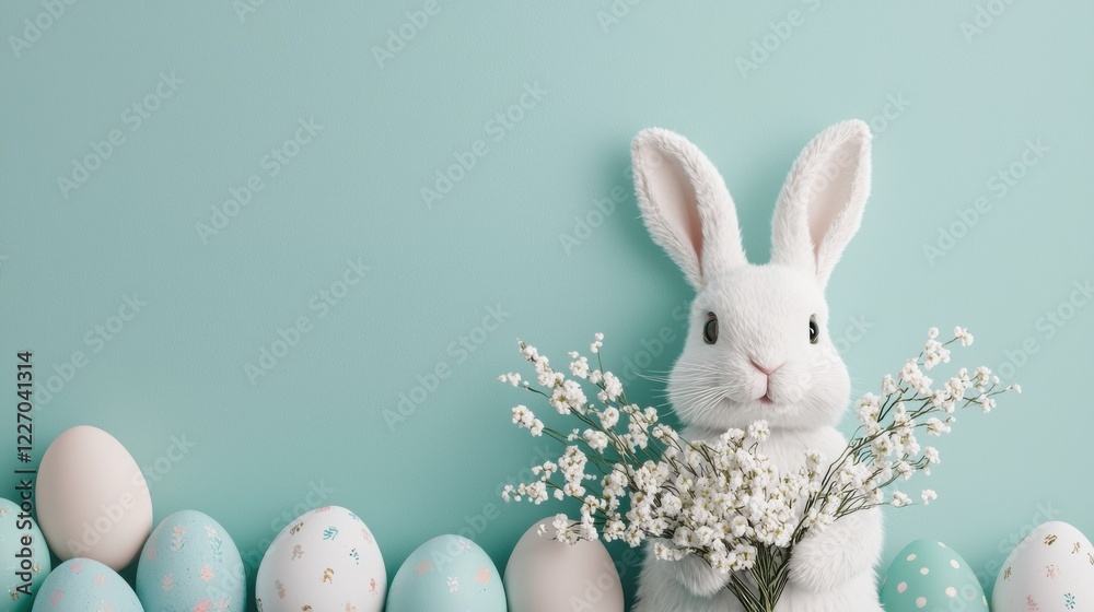 Obraz premium Easter bunny day concept. Adorable Easter Bunny Holding a Bouquet of Spring Flowers on Pastel Mint Background