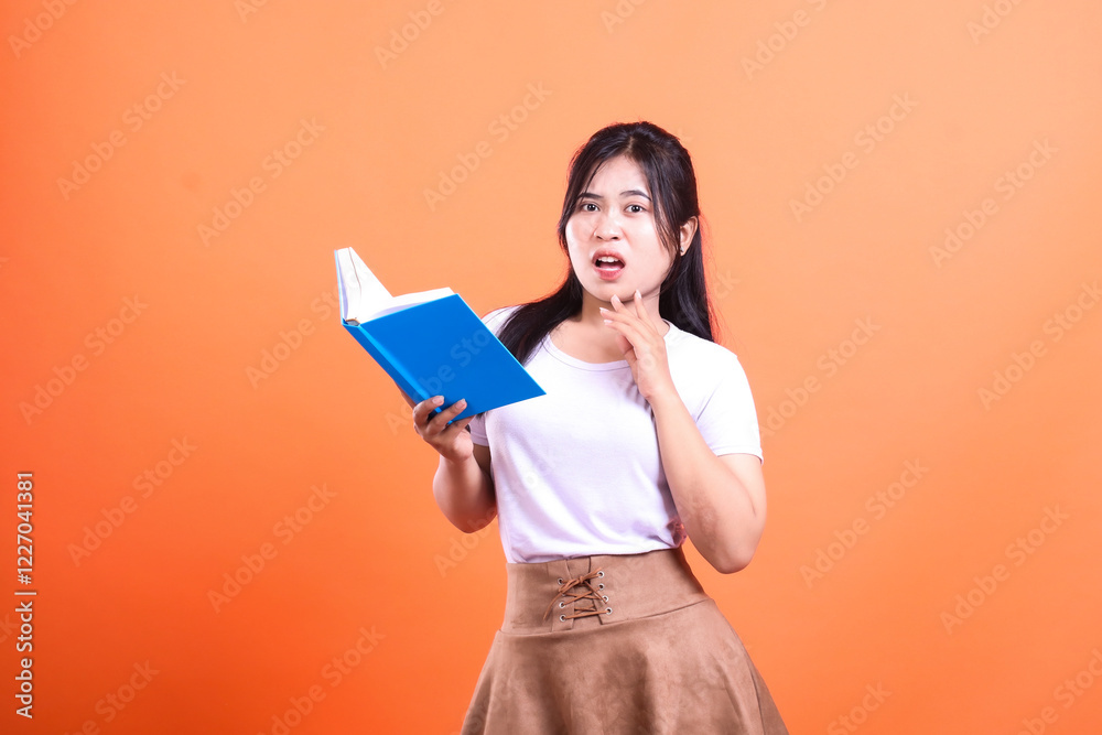 A person holding a blue book with surprised facial expression, wearing a white shirt and a brown skirt on an orange backdrop A person holding a blue book with surprised facial expression, wearing a white shirt and a brown skirt on an orange backdrop
