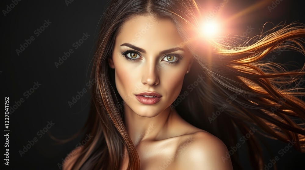 Obraz premium Portrait, beautiful woman, long flowing brown hair, wind-blown, intense gaze, dramatic lighting, glowing