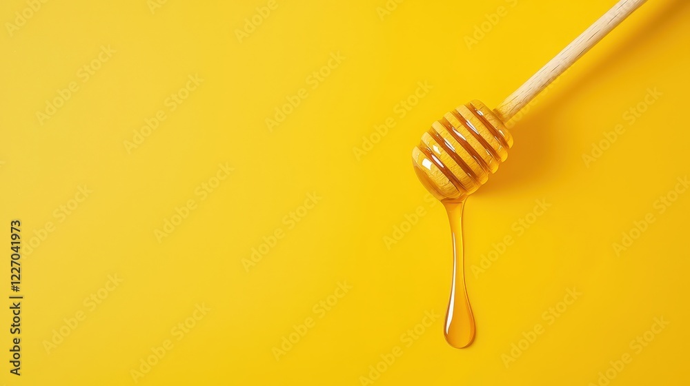 Honey dripping from a wooden dipper into a glass jar surrounded by honeycomb and flowers Honey dripping from a wooden dipper into a glass jar surrounded by honeycomb and flowers