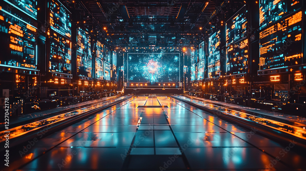 Futuristic tech control room with glowing screens and reflective floor Futuristic tech control room with glowing screens and reflective floor