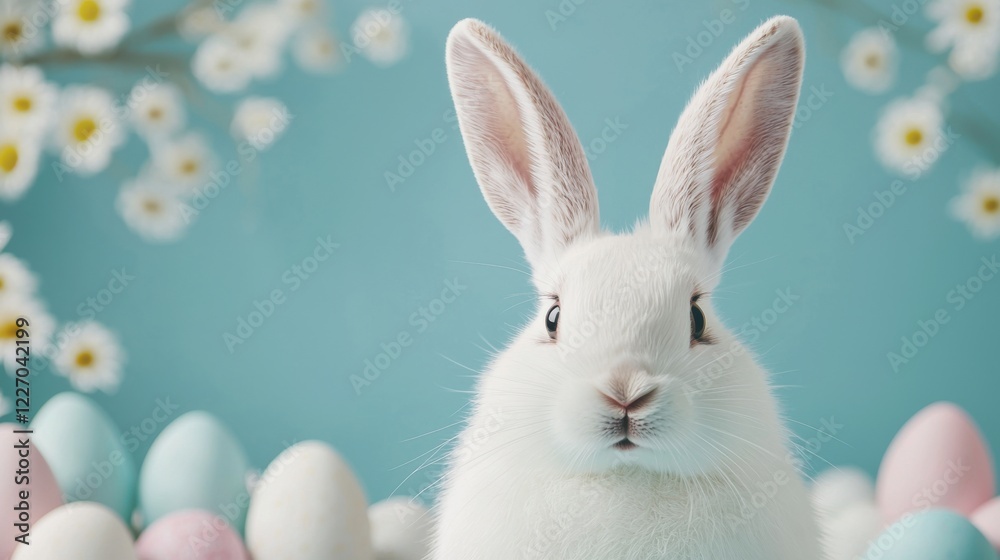 Easter bunny day concept. Adorable White Rabbit with Long Ears Surrounded by Blooming Daisies in Pastoral Spring Setting Easter bunny day concept. Adorable White Rabbit with Long Ears Surrounded by Blooming Daisies in Pastoral Spring Setting