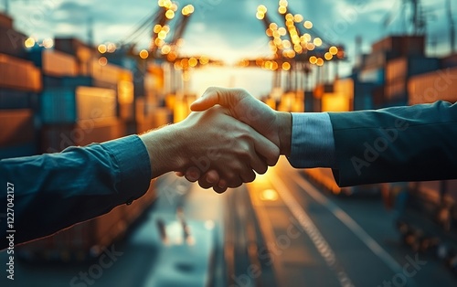 Business partnership handshake at an industrial shipping port with cargo containers and trade agreements at sunset