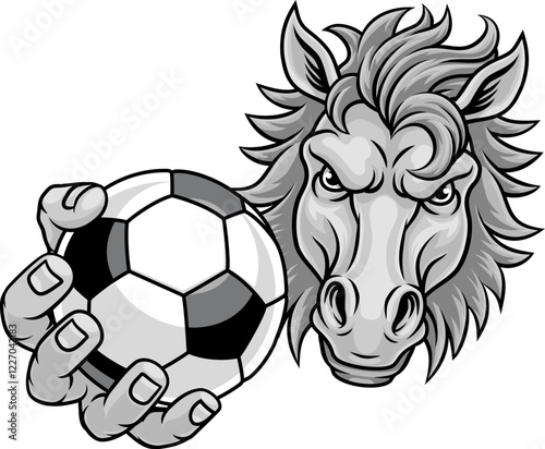 Horse mustang bronco stallion soccer football angry sports team mascot holding a ball.