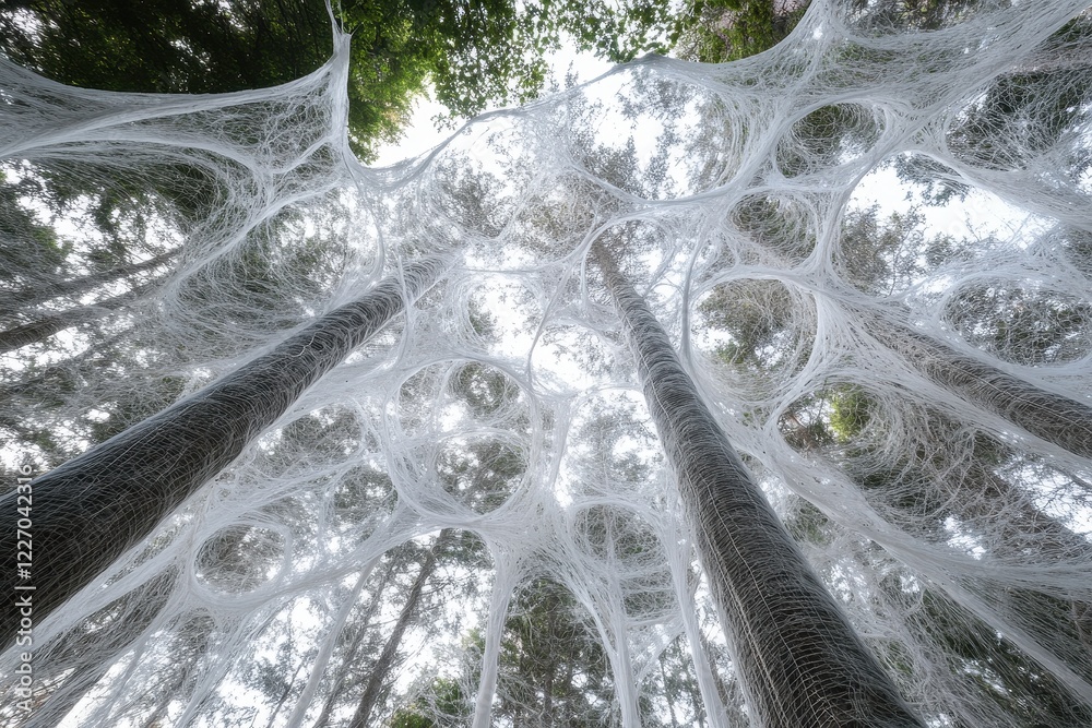 Enormous web-like structure envelops forest trees. Ideal for fantasy, mystery, or environmental themes. Enormous web-like structure envelops forest trees. Ideal for fantasy, mystery, or environmental themes.