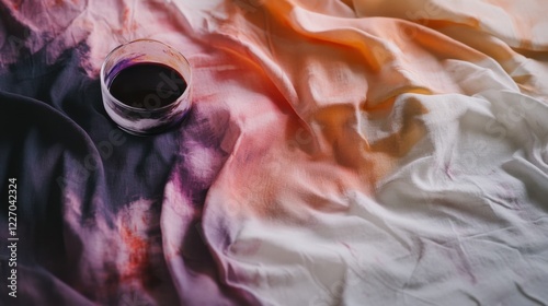 Scene of a fabric dyeing setup. Featuring dye, fabric, and a partially dyed piece. Highlighting the process of fabric dyeing. Ideal for DIY and craft blogs. photo