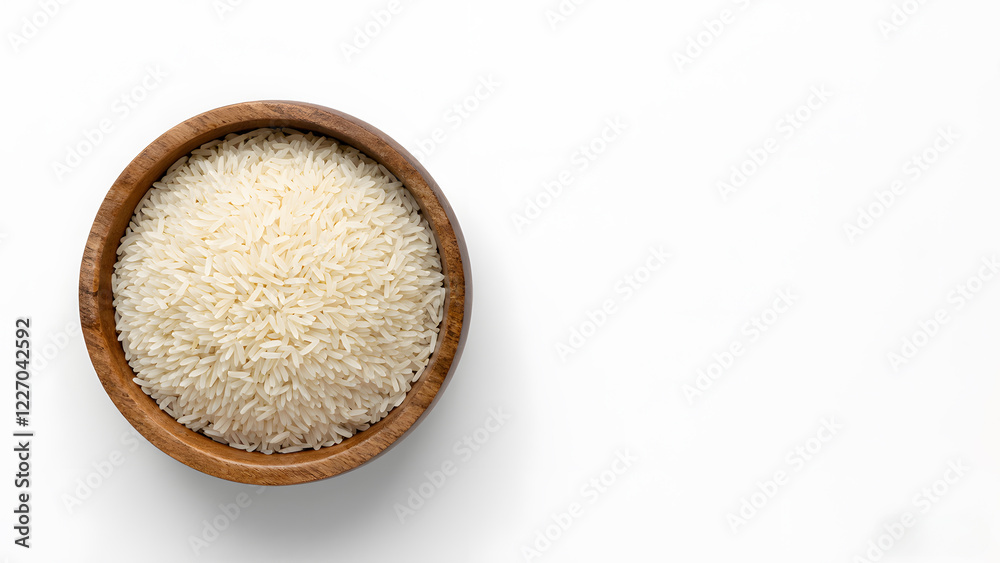 Top view Rice in wooden bowl, isolated on white background, copy space for artworks product presentation horizontal Top view Rice in wooden bowl, isolated on white background, copy space for artworks product presentation horizontal