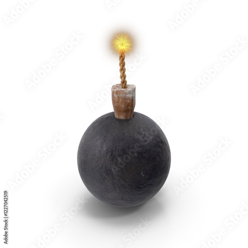 It is a realistic bomb with a burning fuse emitting sparks and light, ready to explode. It is an isolated 3D PNG explosive, a spherical military TNT weapon