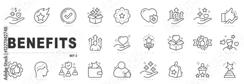 Set of soft benefits line icons. Reward, bonus, badge, award, star etc. Editable stroke. Set 2