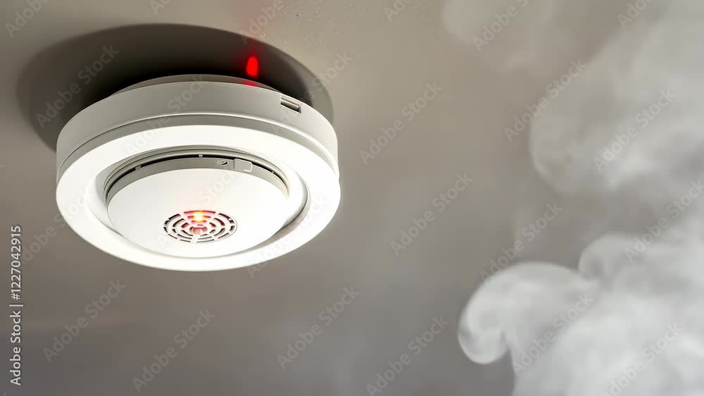 Fire Alarm, Smoke Detector, Fire Detector. Safety Device Installed at Ceiling. Smart Home Security System in Hotel, Apartment Room, Home or Office. For Service Engineering Company Site or Advertising.
