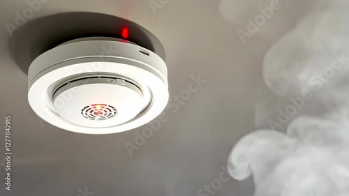 Fire Alarm, Smoke Detector, Fire Detector. Safety Device Installed at Ceiling. Smart Home Security System in Hotel, Apartment Room, Home or Office. For Service Engineering Company Site or Advertising.