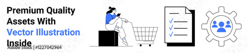 Woman sitting with a cart shopping via tablet, checklist on paper, and team collaboration gear icon. Ideal for e-commerce, organization, teamwork, efficiency, planning, marketing flat landing page
