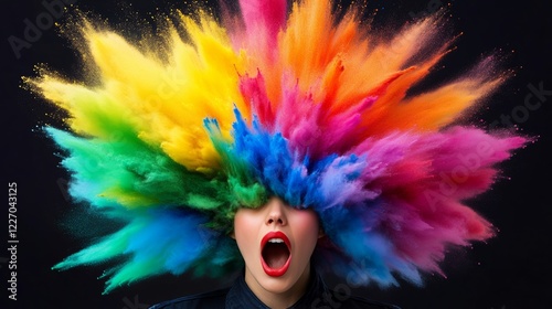 Woman with a rainbow hair is blowing her nose. Concept of humor and playfulness, as the woman's colorful hair and exaggerated facial expression create a comical and lighthearted atmosphere