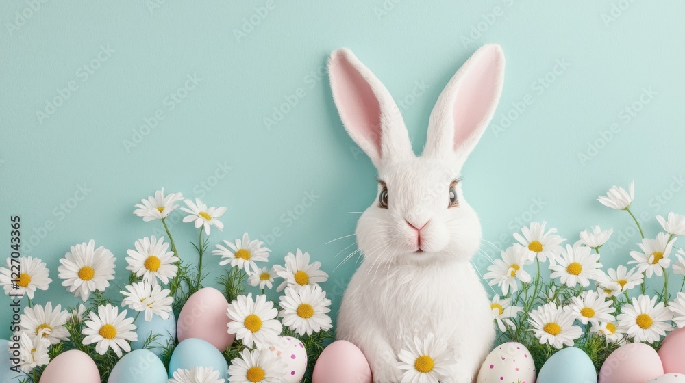 Obraz premium Easter bunny day concept. Fluffy Easter Bunny with Long Ears Surrounded by Delicate White Daisies in Pastoral Meadow