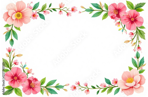 Pink spring flowers are arranged in a frame shape, with space for text in the center.