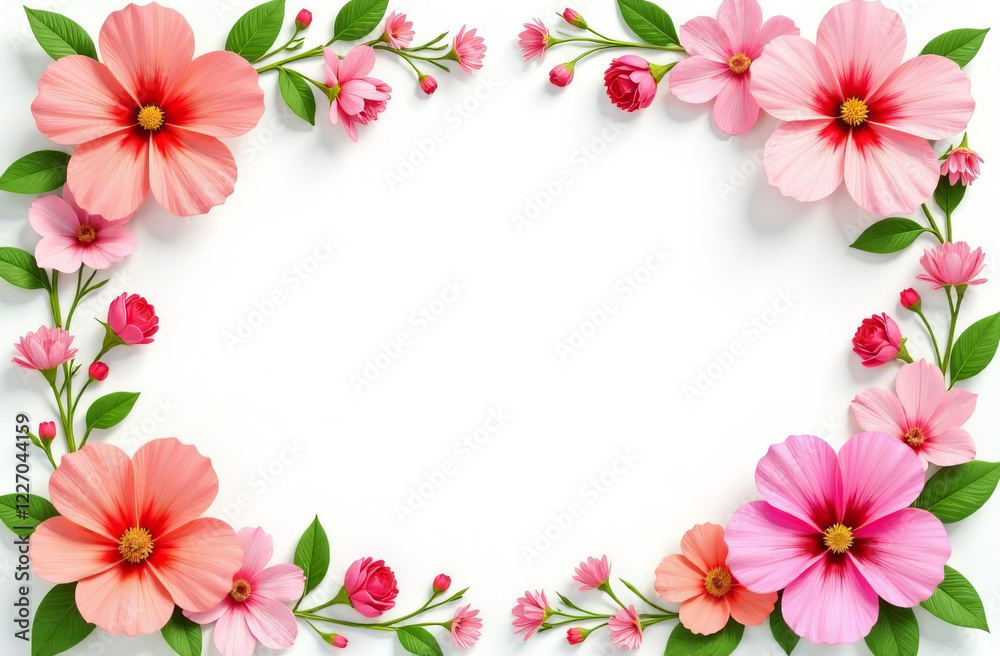 Pink spring flowers are arranged in a frame shape, with space for text in the center. Pink spring flowers are arranged in a frame shape, with space for text in the center.