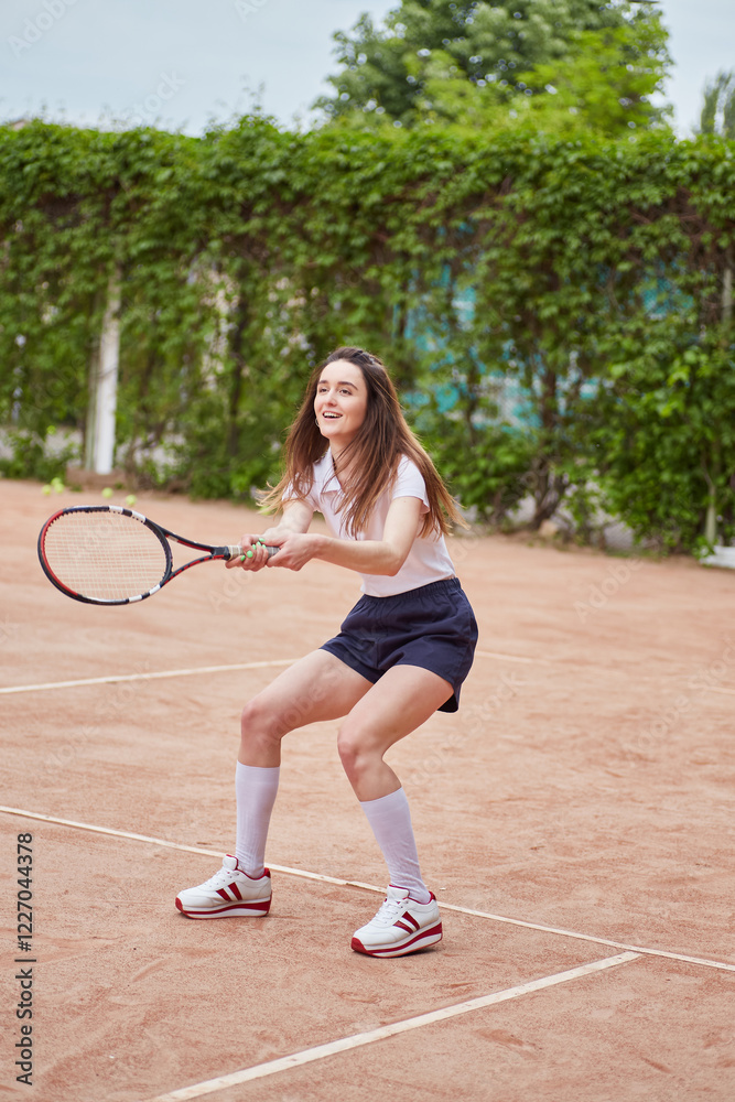 Energetic female tennis player in action