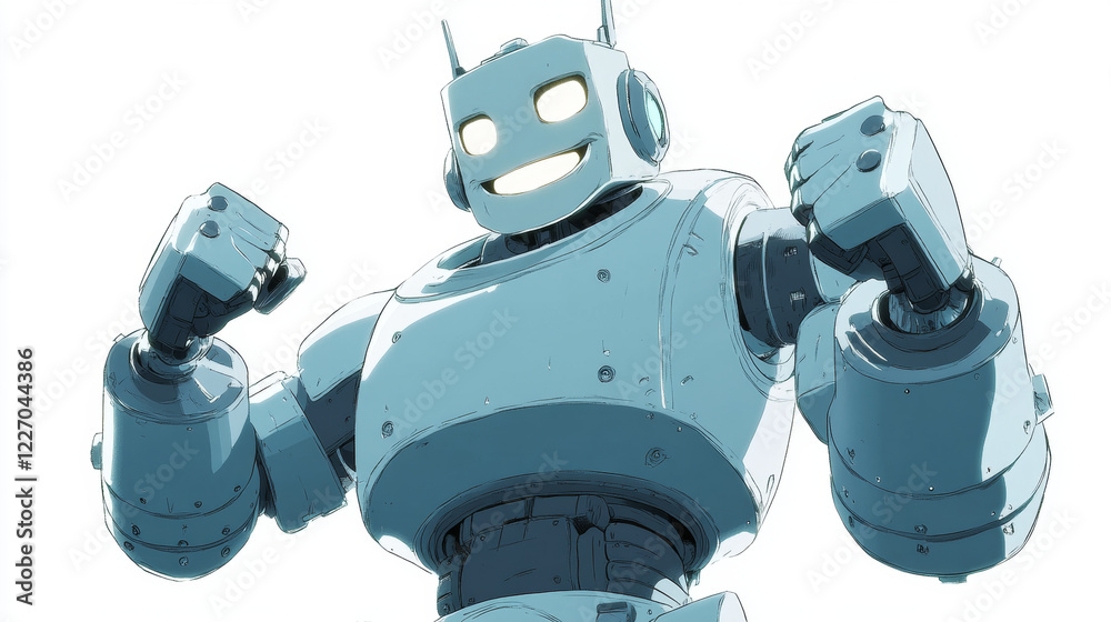 Cartoon groovy robot character standing confidently with fists clenched and playful smile. Isolated vector ai tech droid personage exudes friendly and nostalgic sci fi retro futuristic vibe of 80s Cartoon groovy robot character standing confidently with fists clenched and playful smile. Isolated vector ai tech droid personage exudes friendly and nostalgic sci fi retro futuristic vibe of 80s