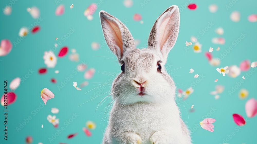 Easter bunny day concept. Whimsical Easter Bunny Surrounded by Floating Flowers on Pastel Background Easter bunny day concept. Whimsical Easter Bunny Surrounded by Floating Flowers on Pastel Background