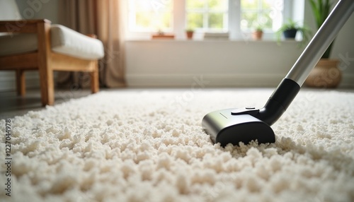 Vacuum cleaner on carpet during apartment cleaning, showcasing cleanliness and order photo