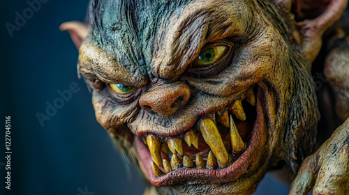 Troll dracula vampire green lips, teeth with fangs mouth isolated cartoon spooky demon character. Vector yellow teeth with tusks. Halloween creature angry monster expression troll dracula vampire lips photo