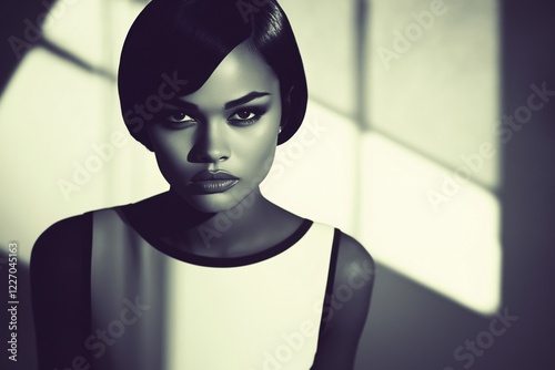 A portrait of an elegant woman with short hair, looking confidently at the camera in soft lighting.