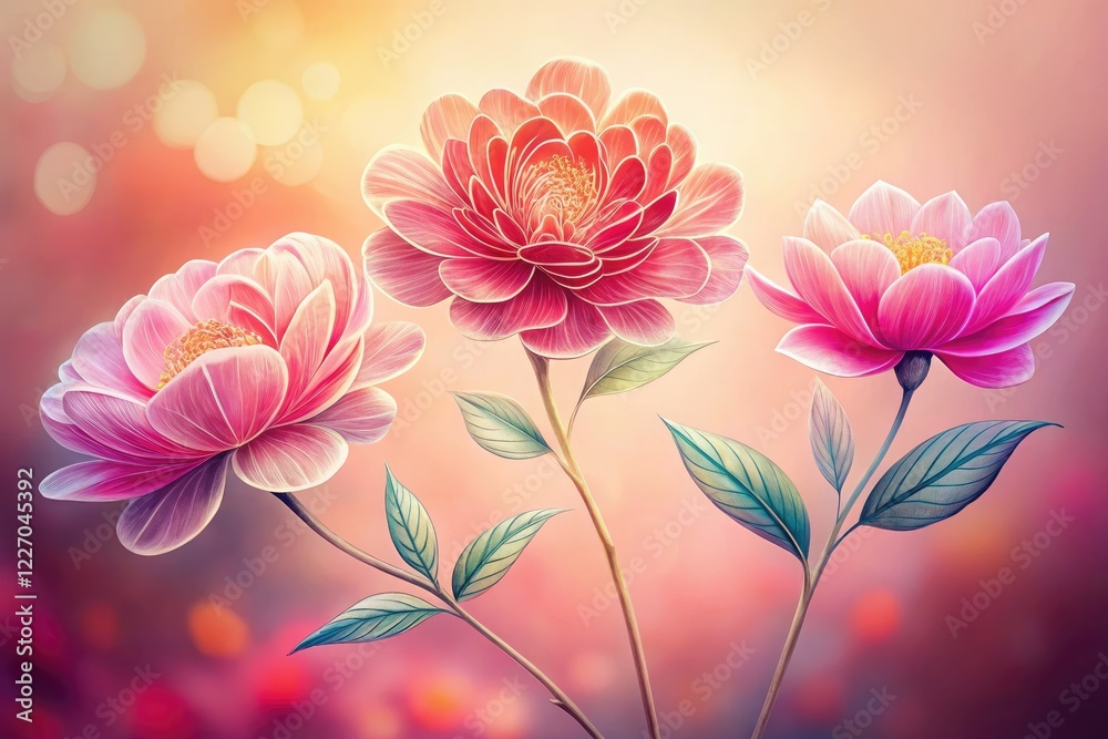 Obraz premium Delicate watercolor blooms in pink, peach, and red, detailed line art, high depth of field, botanical print.