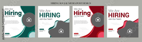 Clean and simple employee hiring social media post banner template. We want a minimalistic flyer template with large text. We're hiring. We're pursuing creative concepts. Hiring for creative work. 