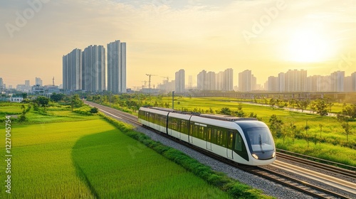 Modern Train Journey Through Lush Green Fields