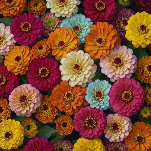 A colorful collection of multi-colored Zinnia flowers arranged together on a soft, clear background.