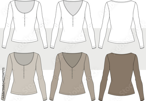 Long sleeve top set technical fashion illustration, with buttons close-fitting shape, fashion technical drawing template, v neck, round neck,  front and back view, women, girl, CAD mockup.