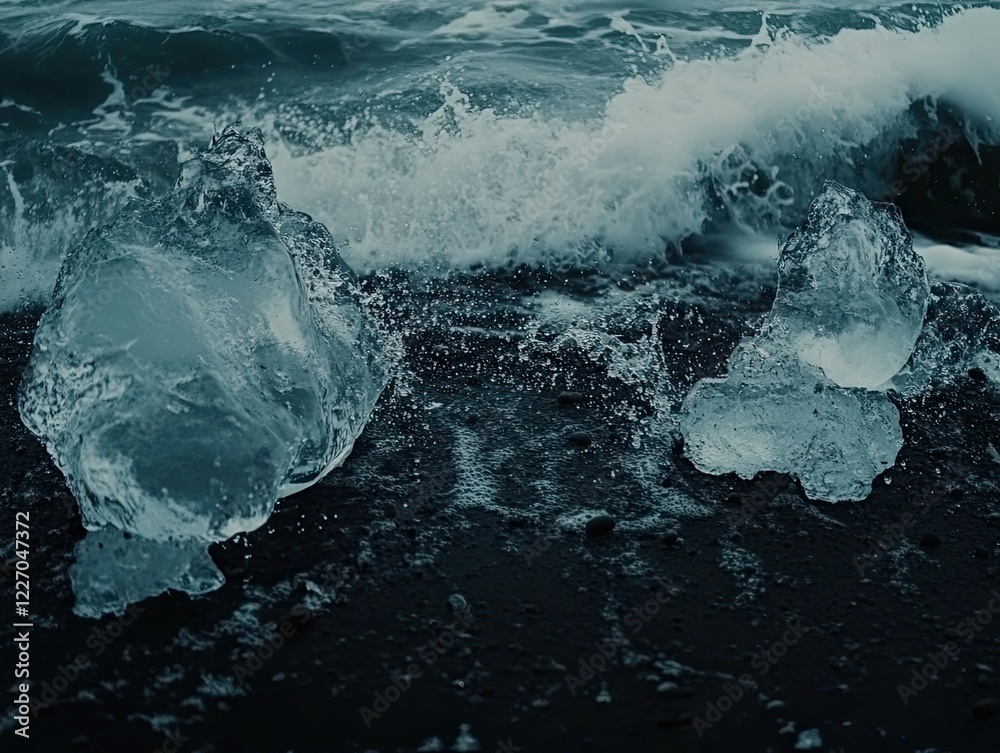 Obraz premium Ocean waves crash near glacial ice on black sand beach.