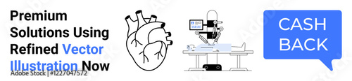 Anatomical heart sketch, medical imaging scanner on patient, and Cash Back text bubble. Ideal for healthcare services, diagnostics, anatomy concepts, financial incentives, medical reports, tech