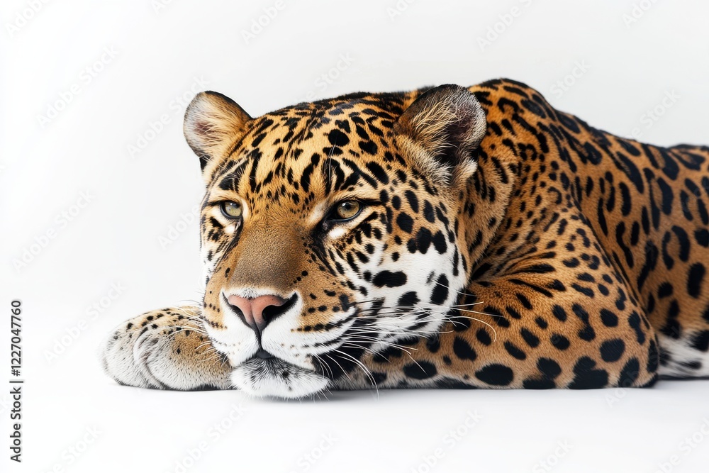Obraz premium Majestic jaguar resting on white background