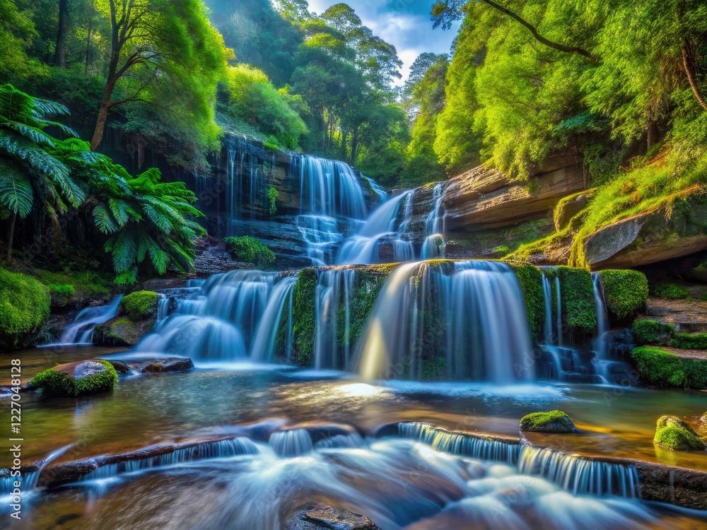 Obraz premium Ethereal Leura Cascades: cascading water, lush rainforest, majestic Blue Mountains.