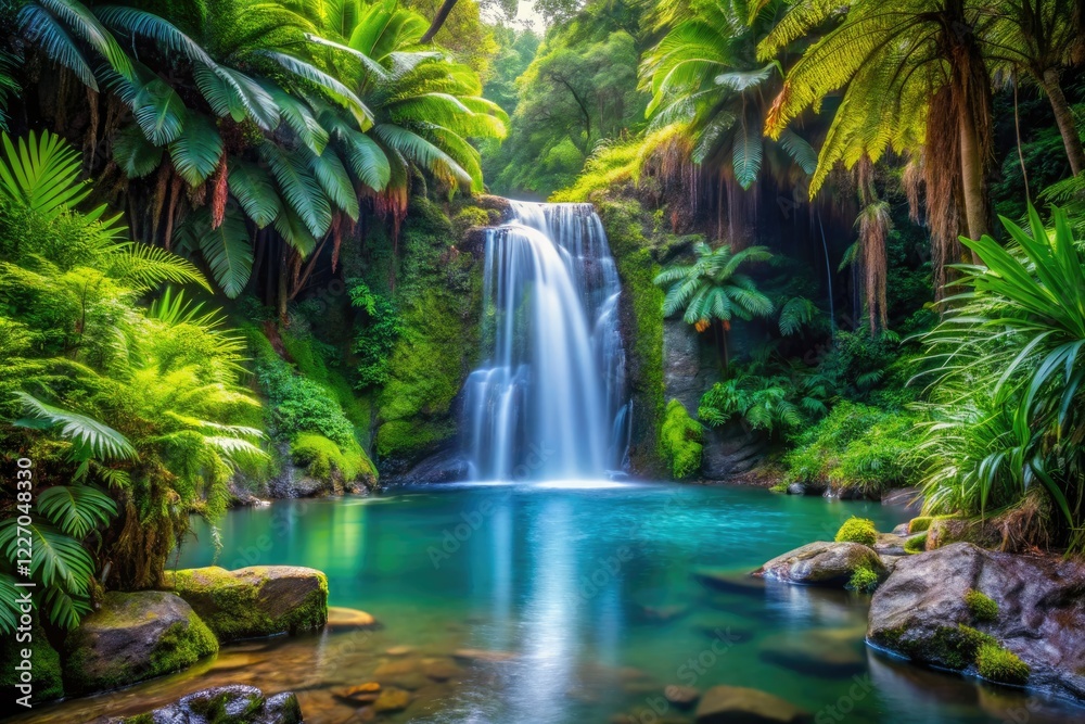 Ethereal rainforest waterfall cascades into a tranquil pool, lush ferns framing vibrant, surreal beauty. Ethereal rainforest waterfall cascades into a tranquil pool, lush ferns framing vibrant, surreal beauty.