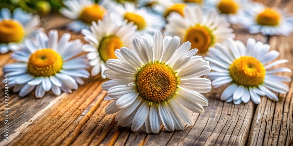 Obraz premium Exquisite macro daisy photos; close-up detail on a rustic wooden backdrop.
