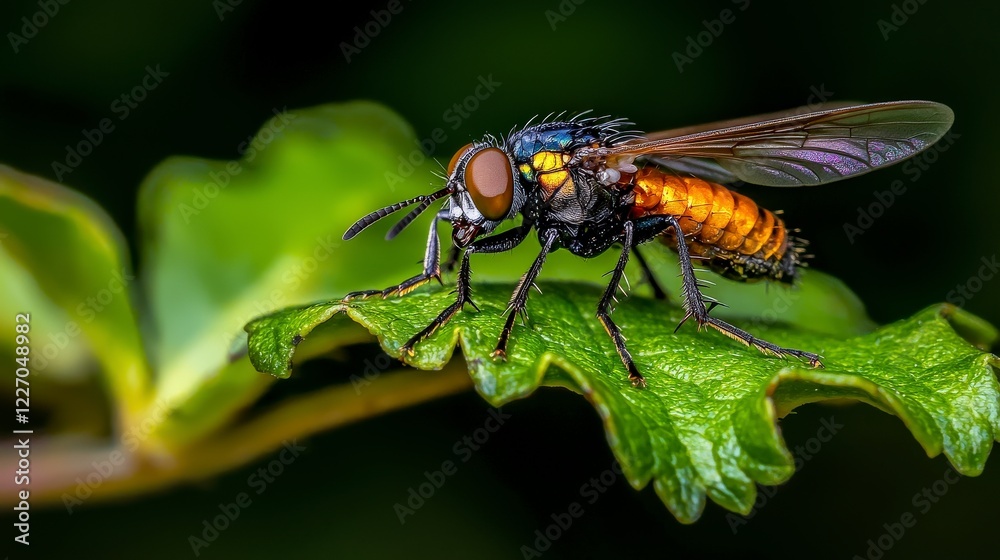 Close-up of a vibrant insect on green leaf nature photography macro environment captivating perspective Close-up of a vibrant insect on green leaf nature photography macro environment captivating perspective