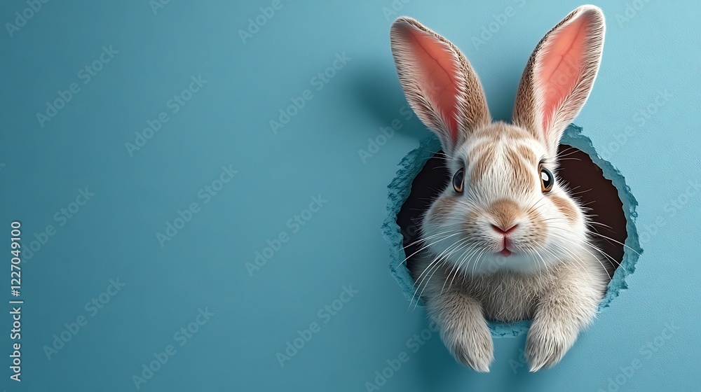 Obraz premium Curious bunny peeking through a blue wall