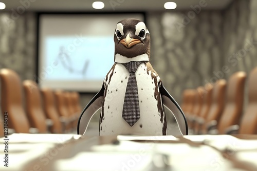 A penguin in a suit and tie leads a business meeting